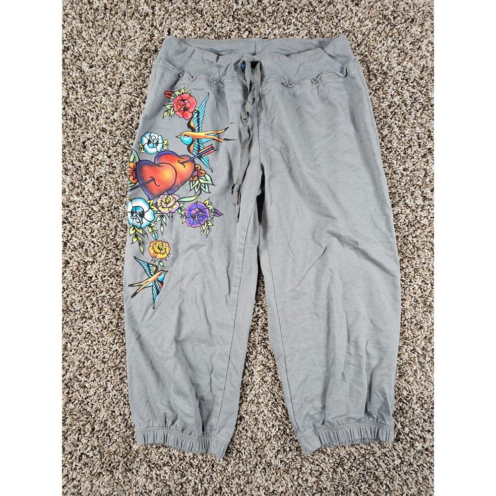 Y2K Hide & Seek Womens Sz M Cropped Jogger Sweatpants Tattoo Print Gray